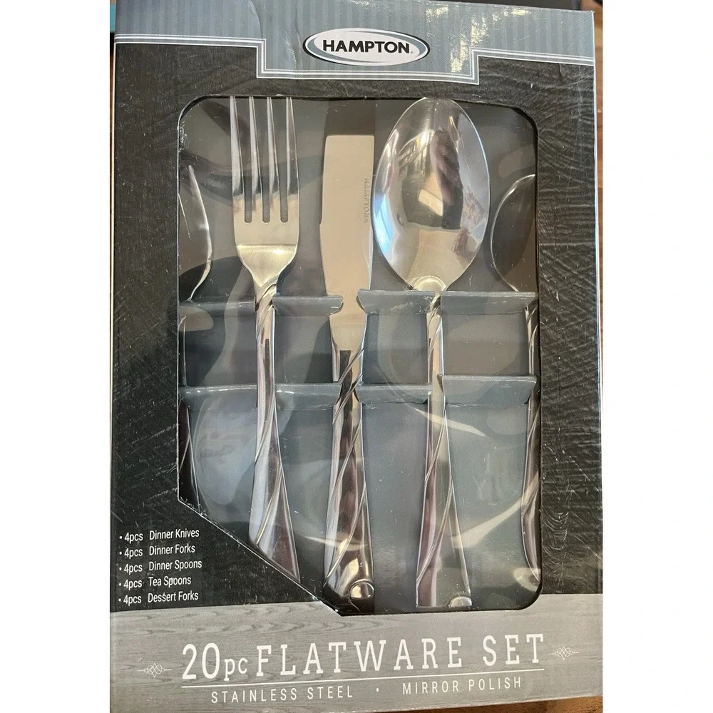 Vintage Hampton 20 Piece Flatware Set Stainless Steel Mirror Polish HN-20208 NEW